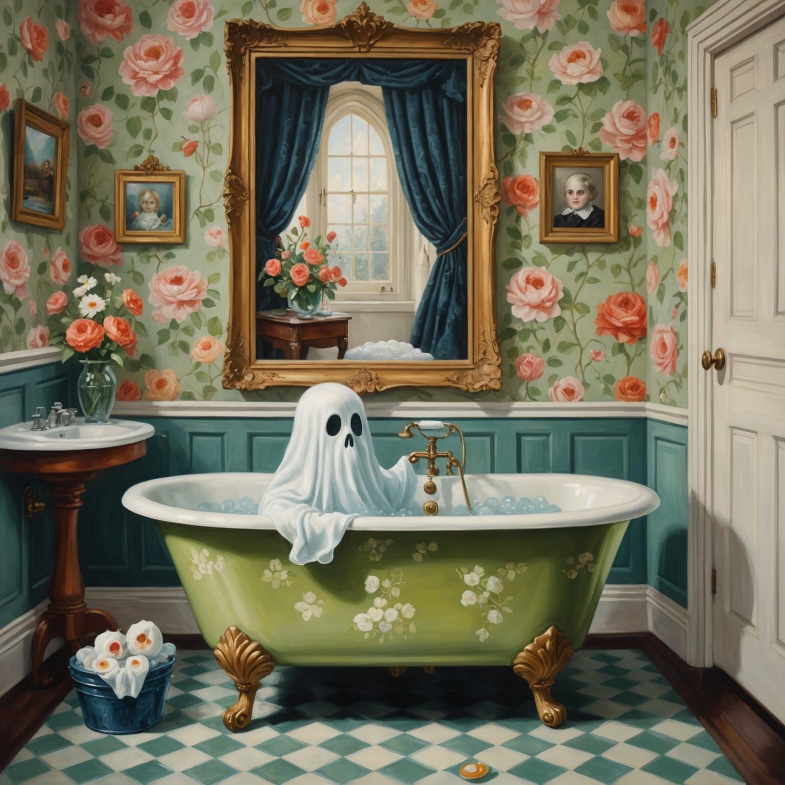 Cute Ghost in Clawfoot Tub: Vintage Oil Painting