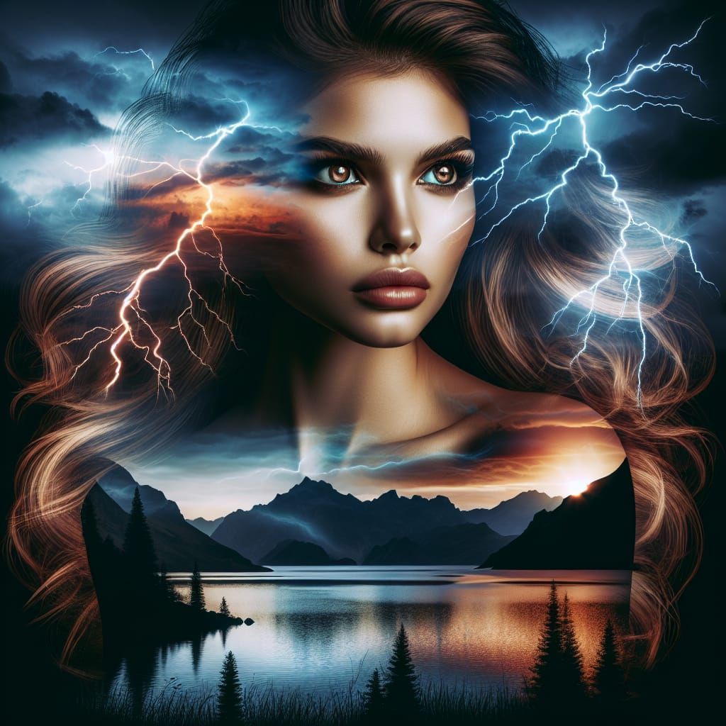 Double Exposure: Serene Sunset Inside Stormy Silhouette