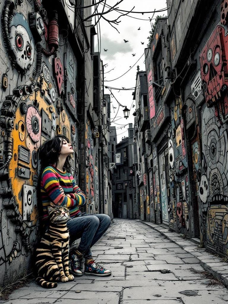 Melancholic Woman and Cat in Surreal Urban Alleyway