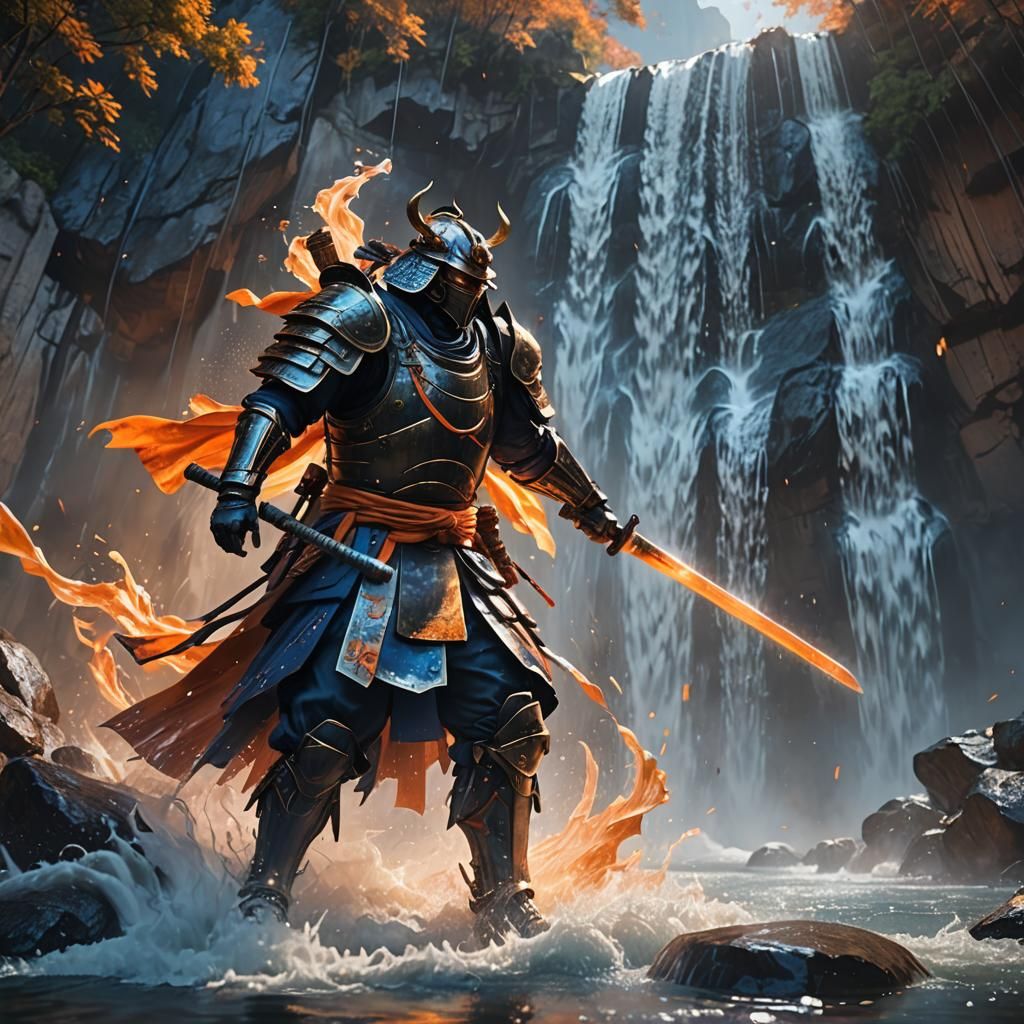 Epic Cyberpunk Samurai Slashes Through Waterfall in a Fiery....