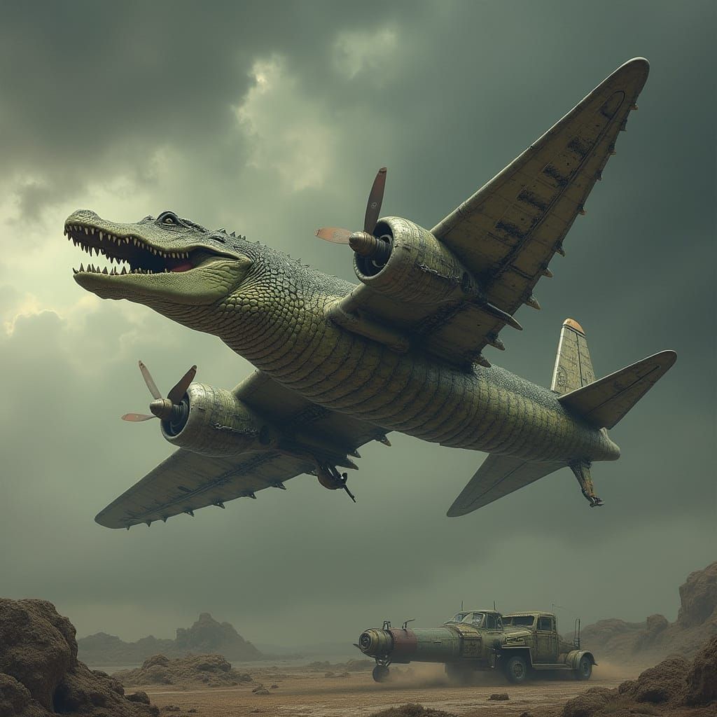 Mechanical Reptilian Aerial Hybrid in a Stormy Sky