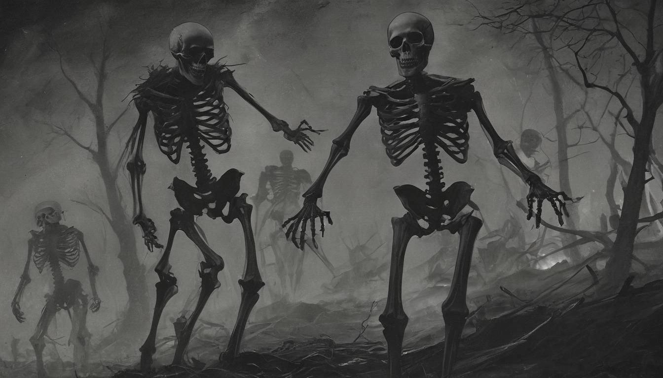 Skeletal Battle in Charcoal, Gothic Horror Scene
