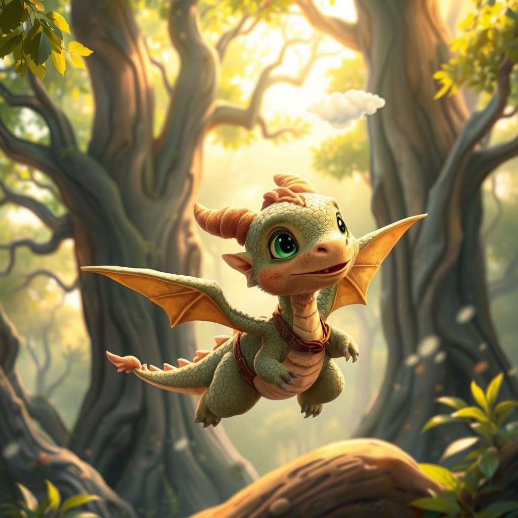 Whimsical Baby Dragon Takes Flight in Enchanted Forest