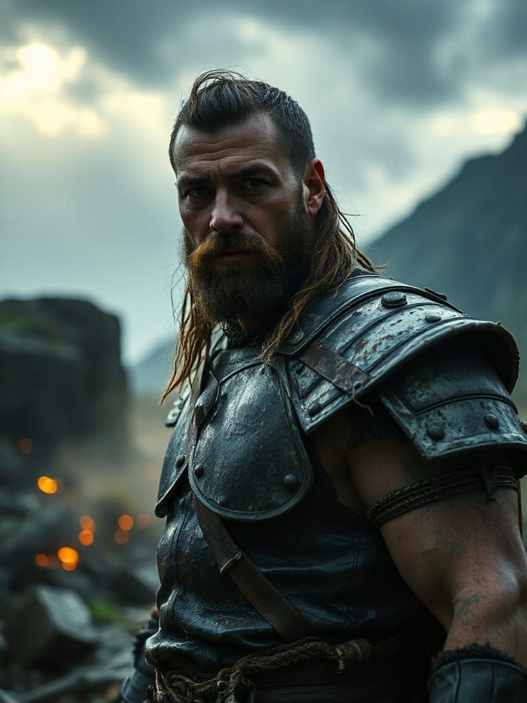 Dark Fantasy Warrior in Stormy Landscape