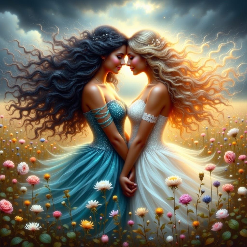 Moonlight and Sunlight Sisters in Stormy Field