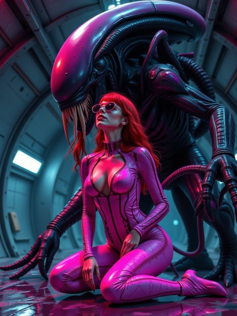 Sci-Fi Woman Kneeling in Cyberpunk Tunnel