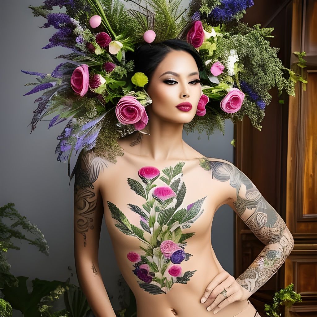 Botanical Tattoo Art on Elegant Woman
