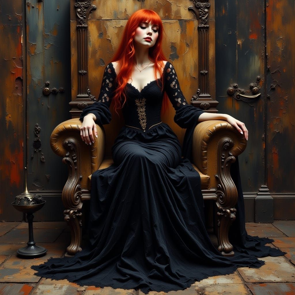 Redhead on Steampunk Throne, Hyperreal Style