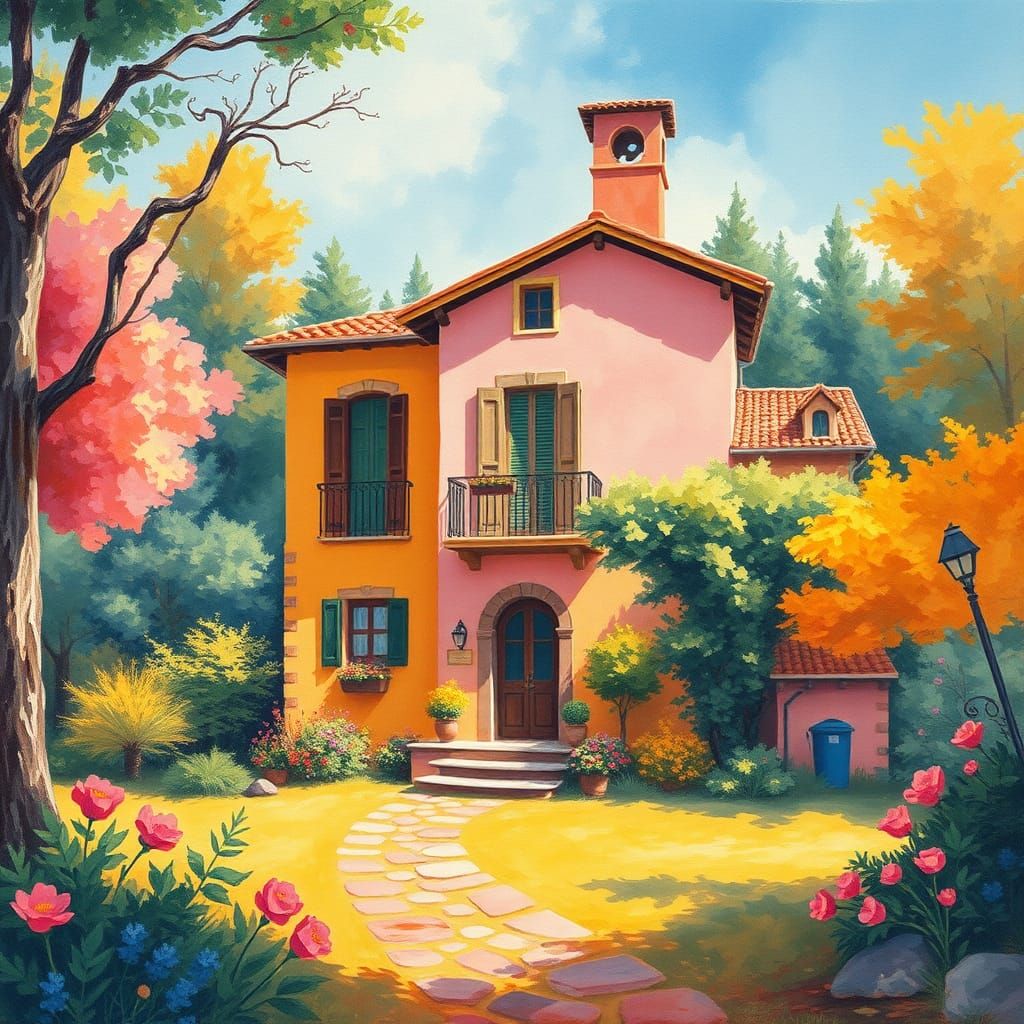 Vibrant B&B in Forest Clearing, Naive Pastel Drawing