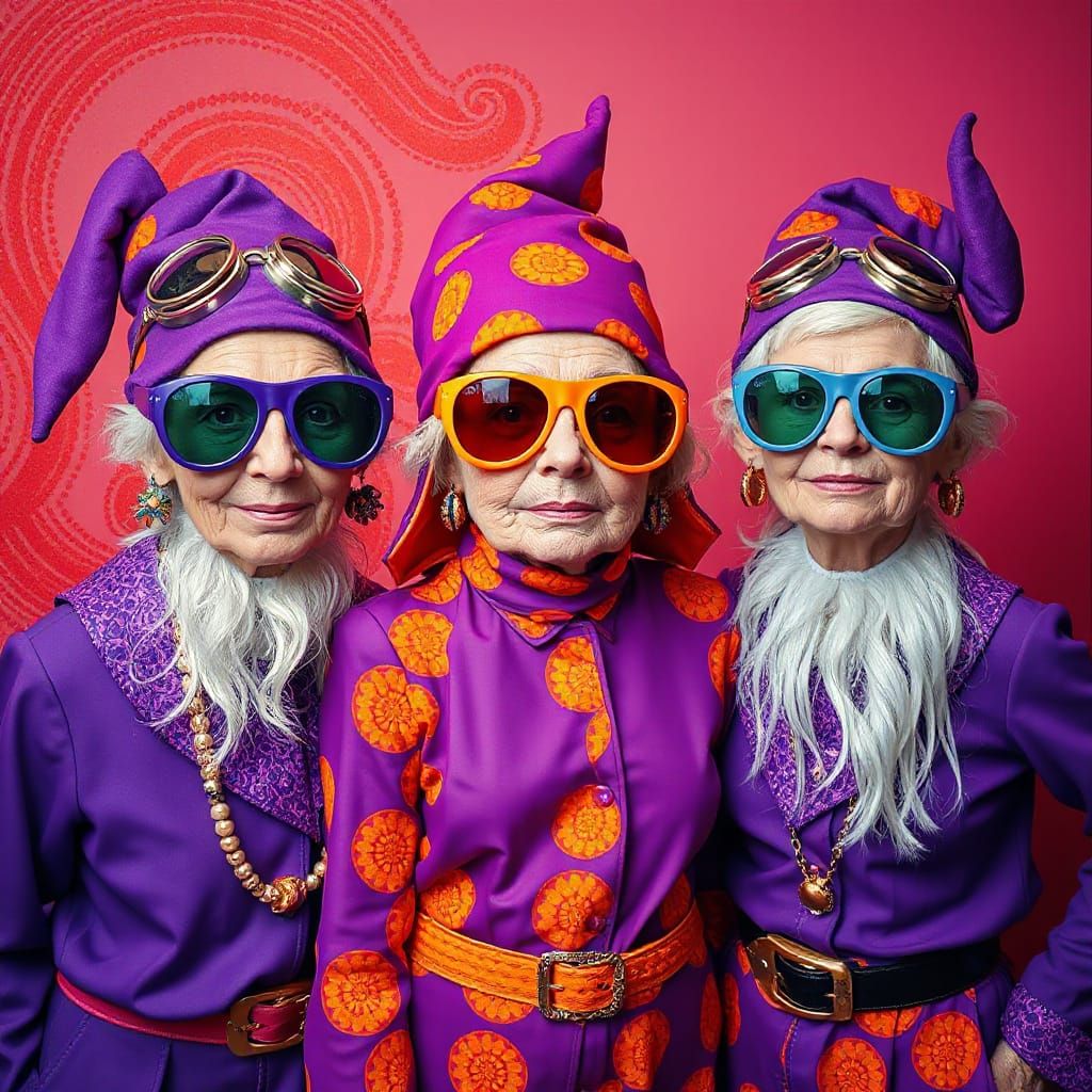 Elderly Mod Gnome Models in Vibrant Purple and Orange, Candy...