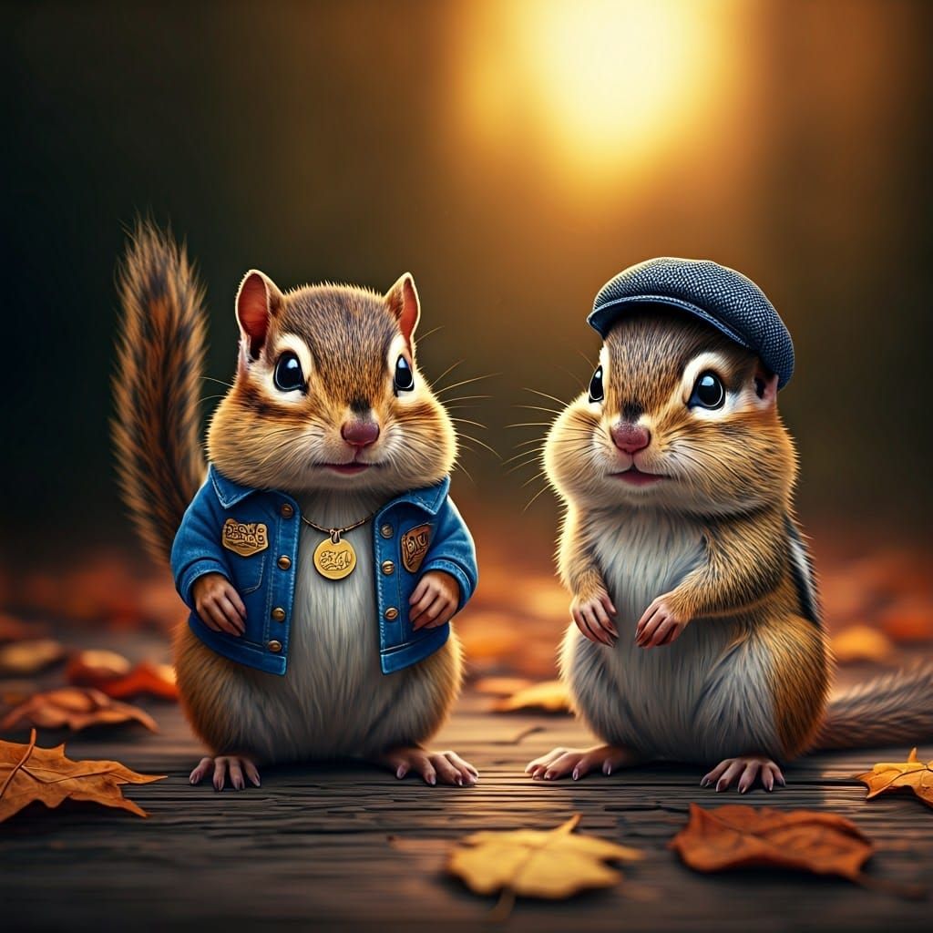 Chipmunks in Autumn Leaves, Photorealistic Style