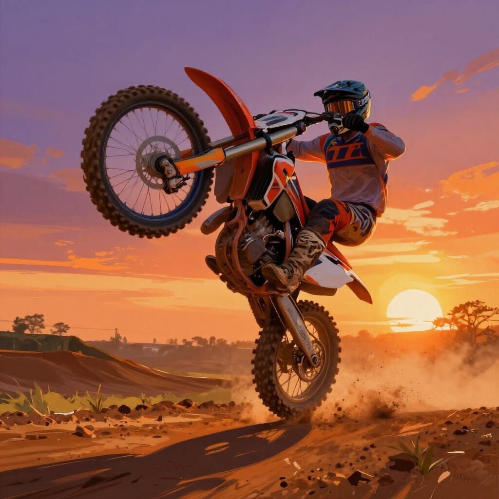 Motocross Rider Wheelie at Sunset Digital Painting