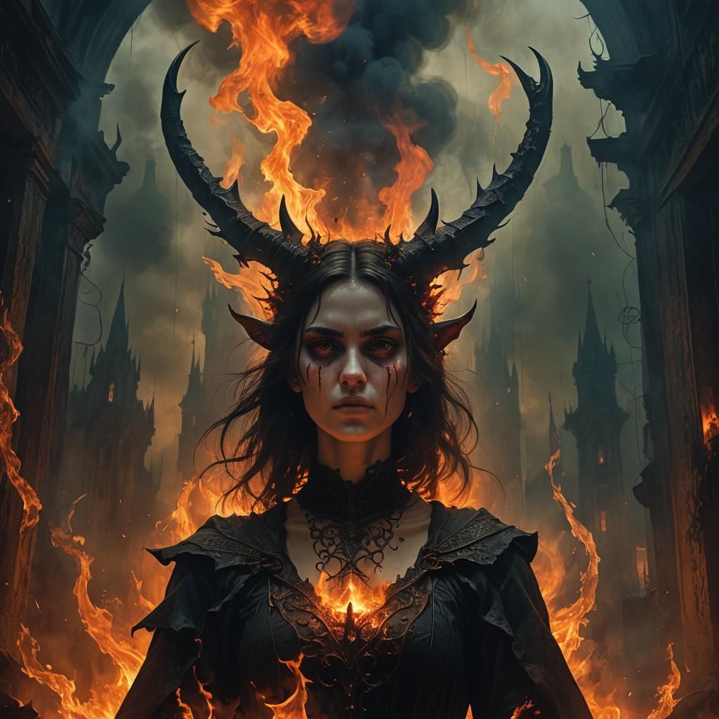 Defiant Woman Surrounded by Flames in Gothic Art