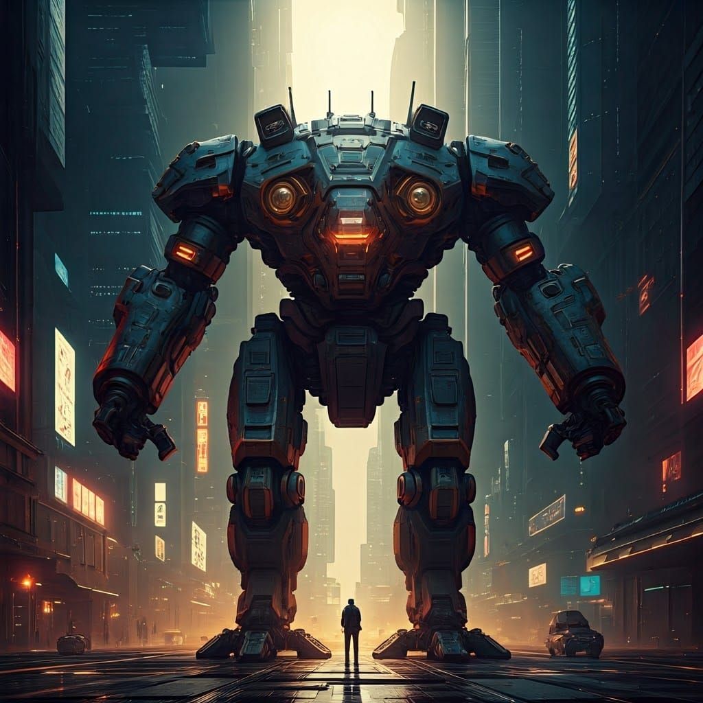 Colossal Mech Rises in Dystopian Cyberpunk Cityscape
