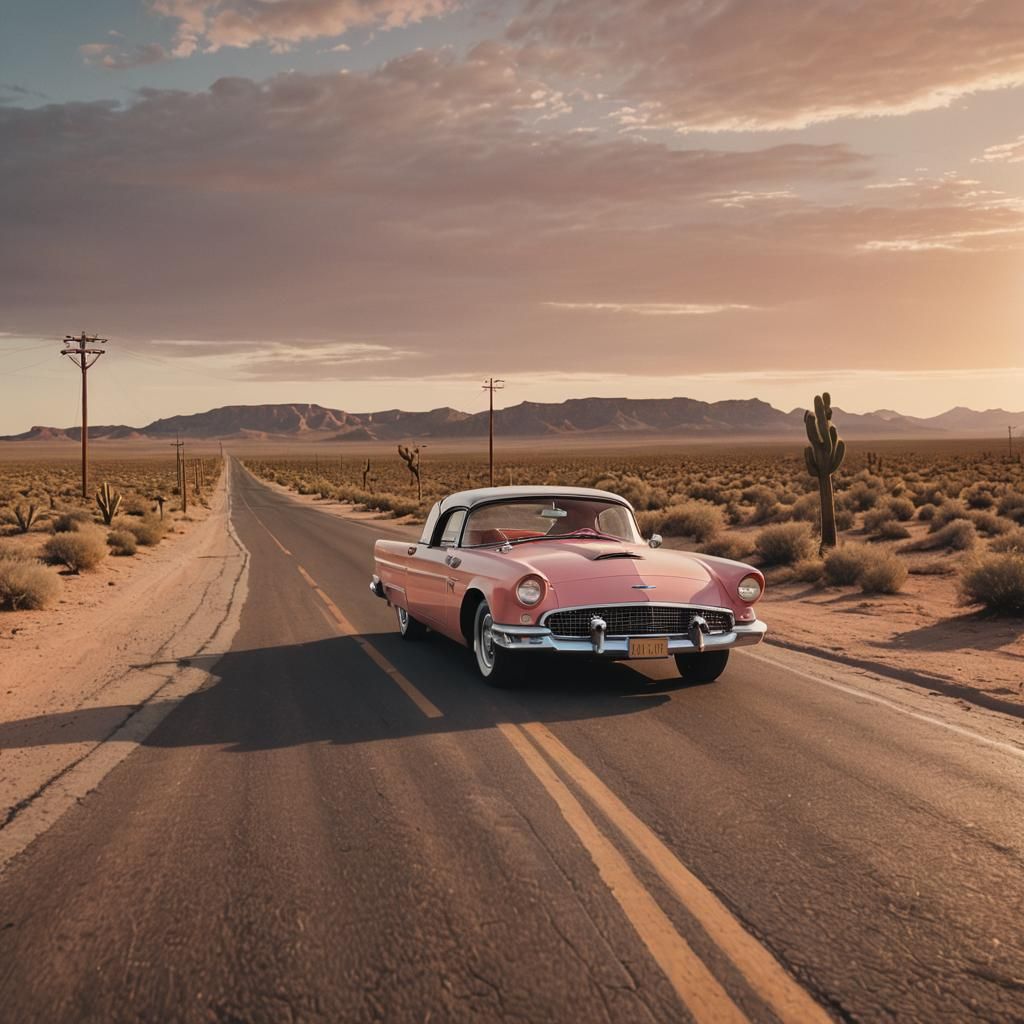 1950s Thunderbird on Route 66 at Sunset