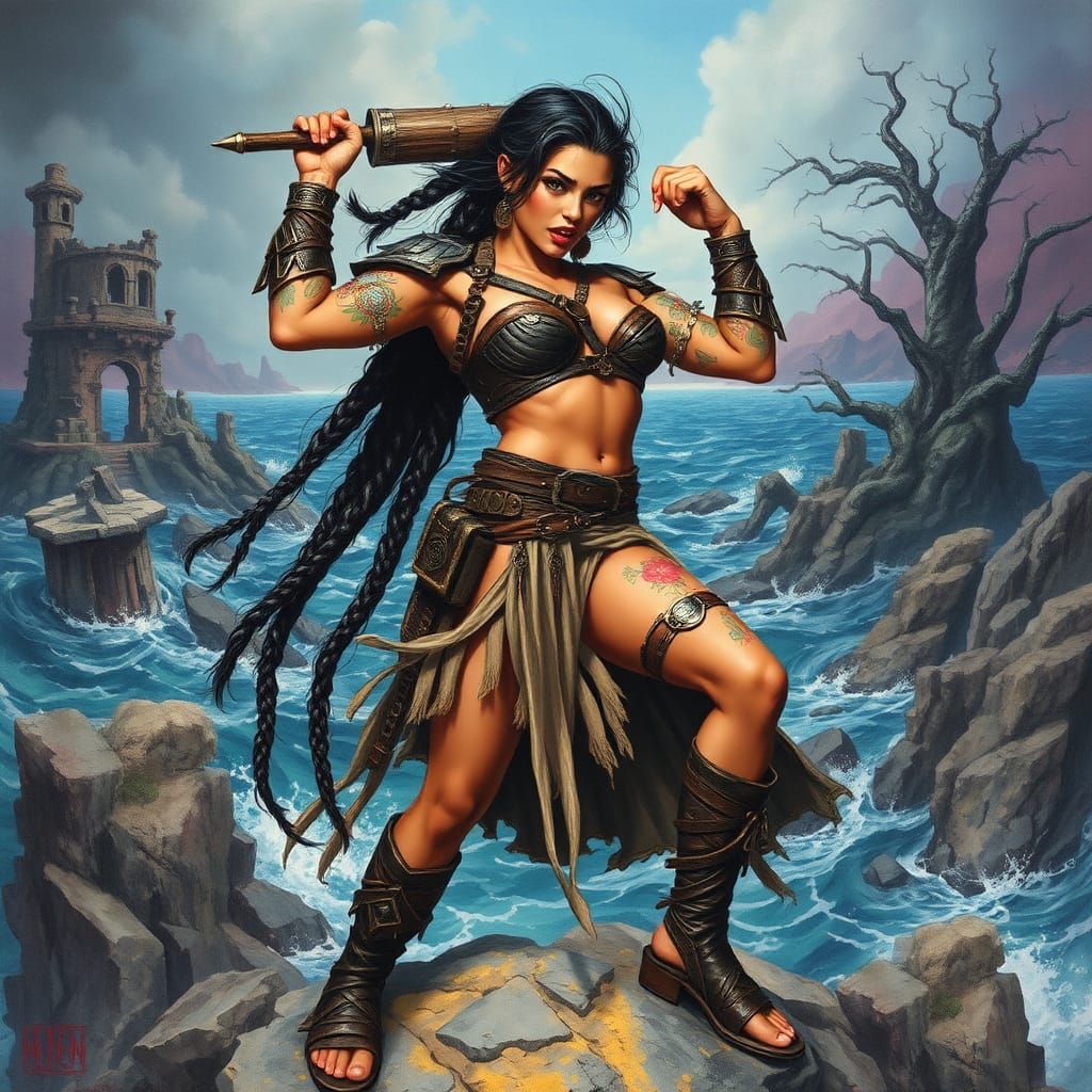 Latina Warrioress in Dystopian Landscape as Impasto Art