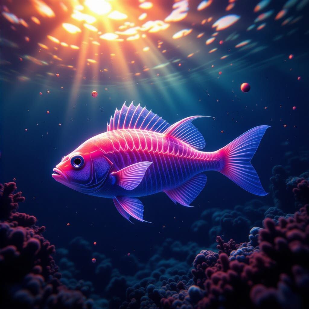 Glowing Fishbone-Fish in Mariana Trench: Hyperrealistic Digi...