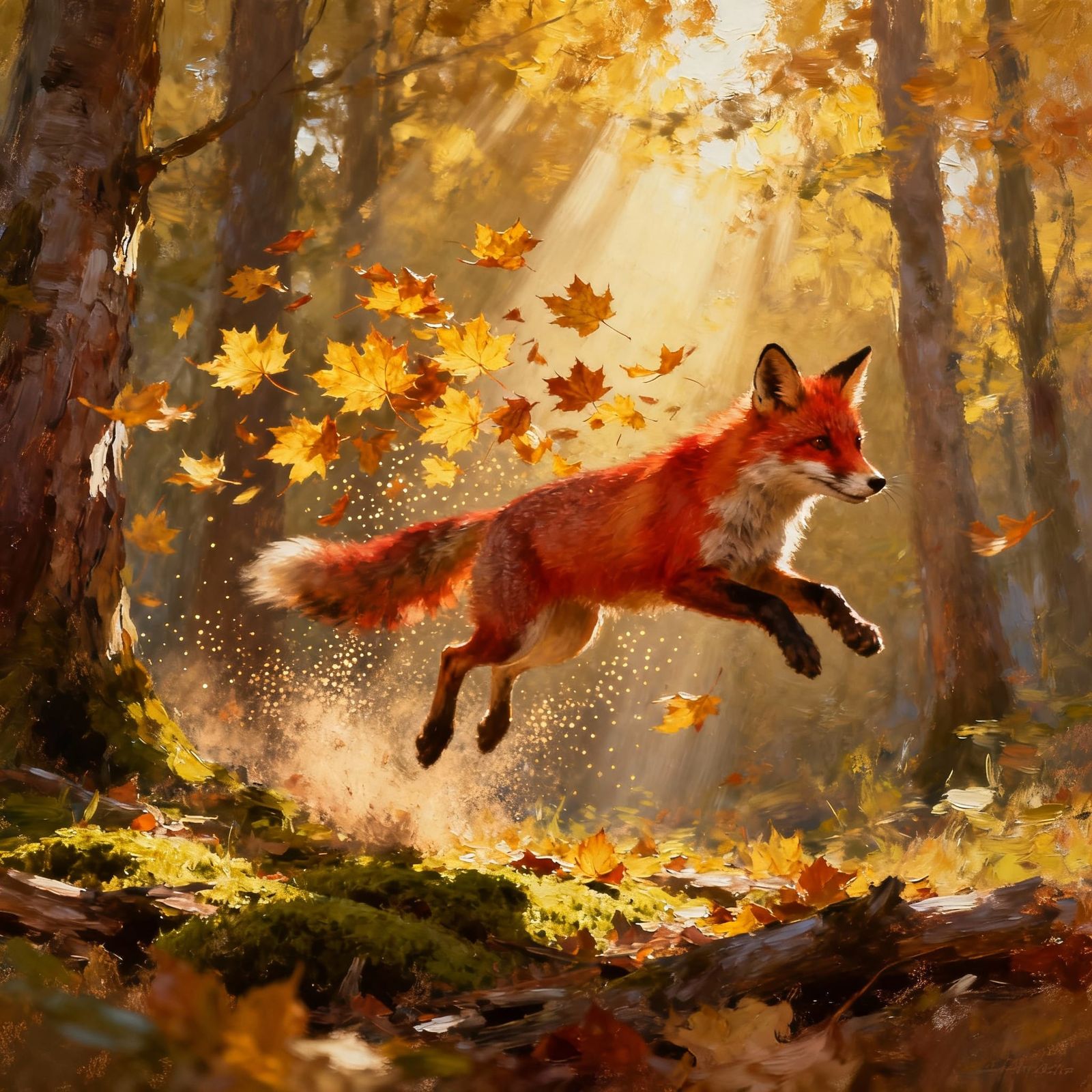Mischievous Fox Scattering Autumn Leaves in Sunlit Forest