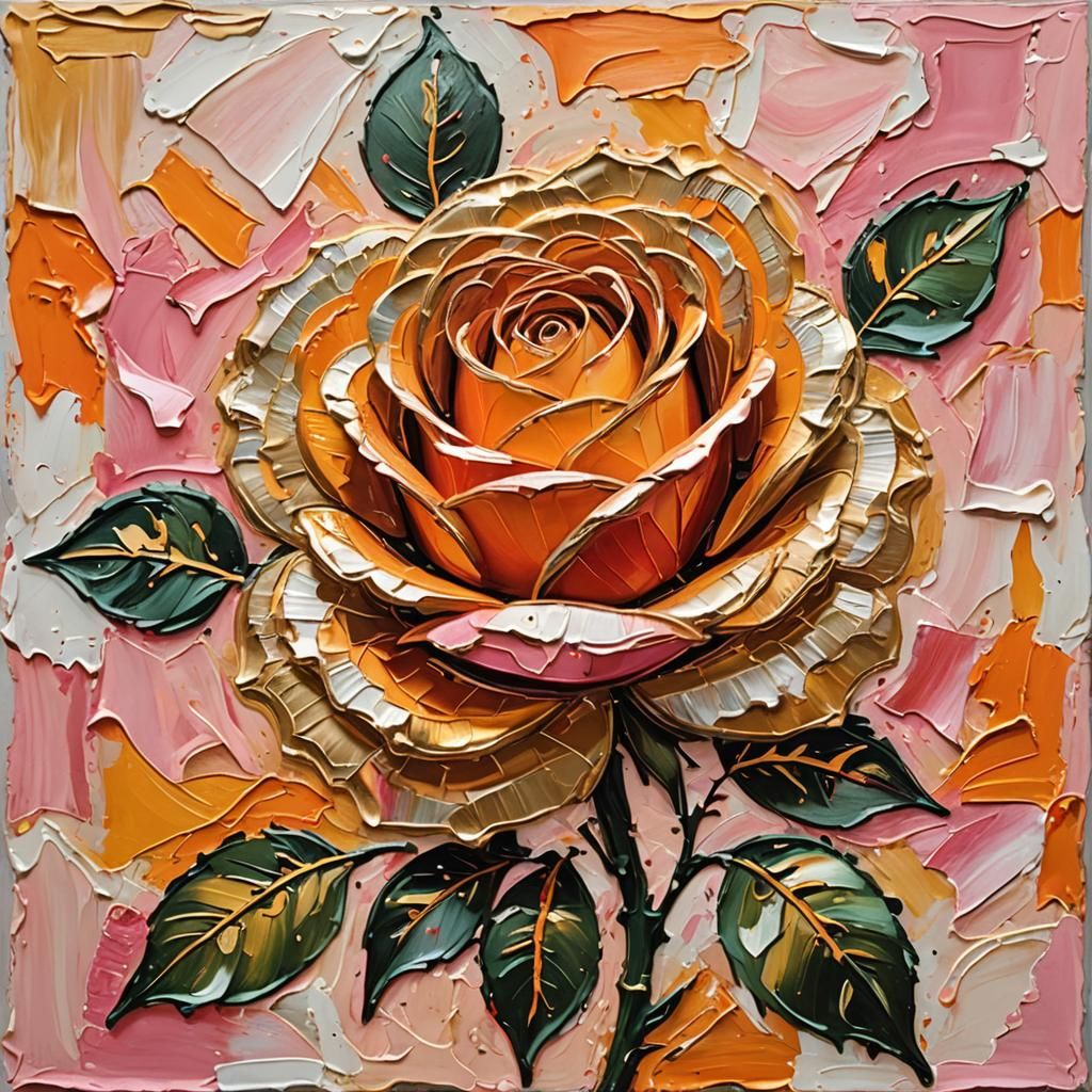 Golden Rose Impasto Painting with Thick Brushstrokes