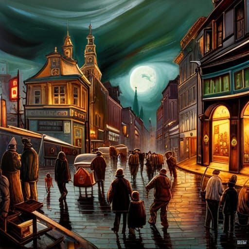 Eerie Haunted Town Collage in Vibrant Triadic Colors