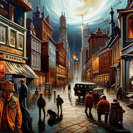 Chaotic Haunted Town in Detailed Collage Style