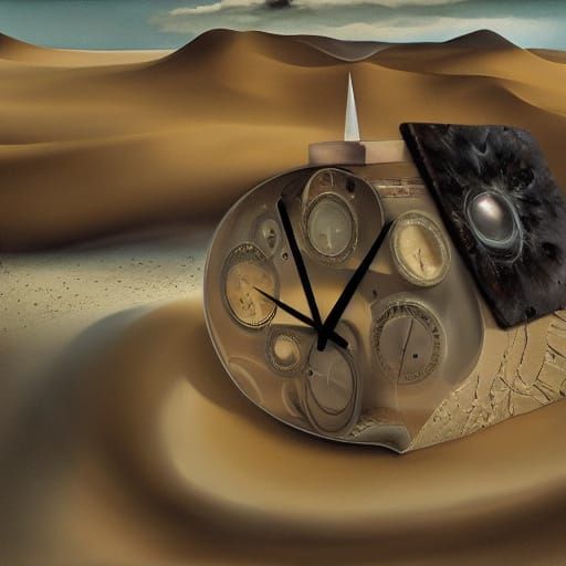 Surreal Desert Landscape with Melting Clocks in Dreamlike St...