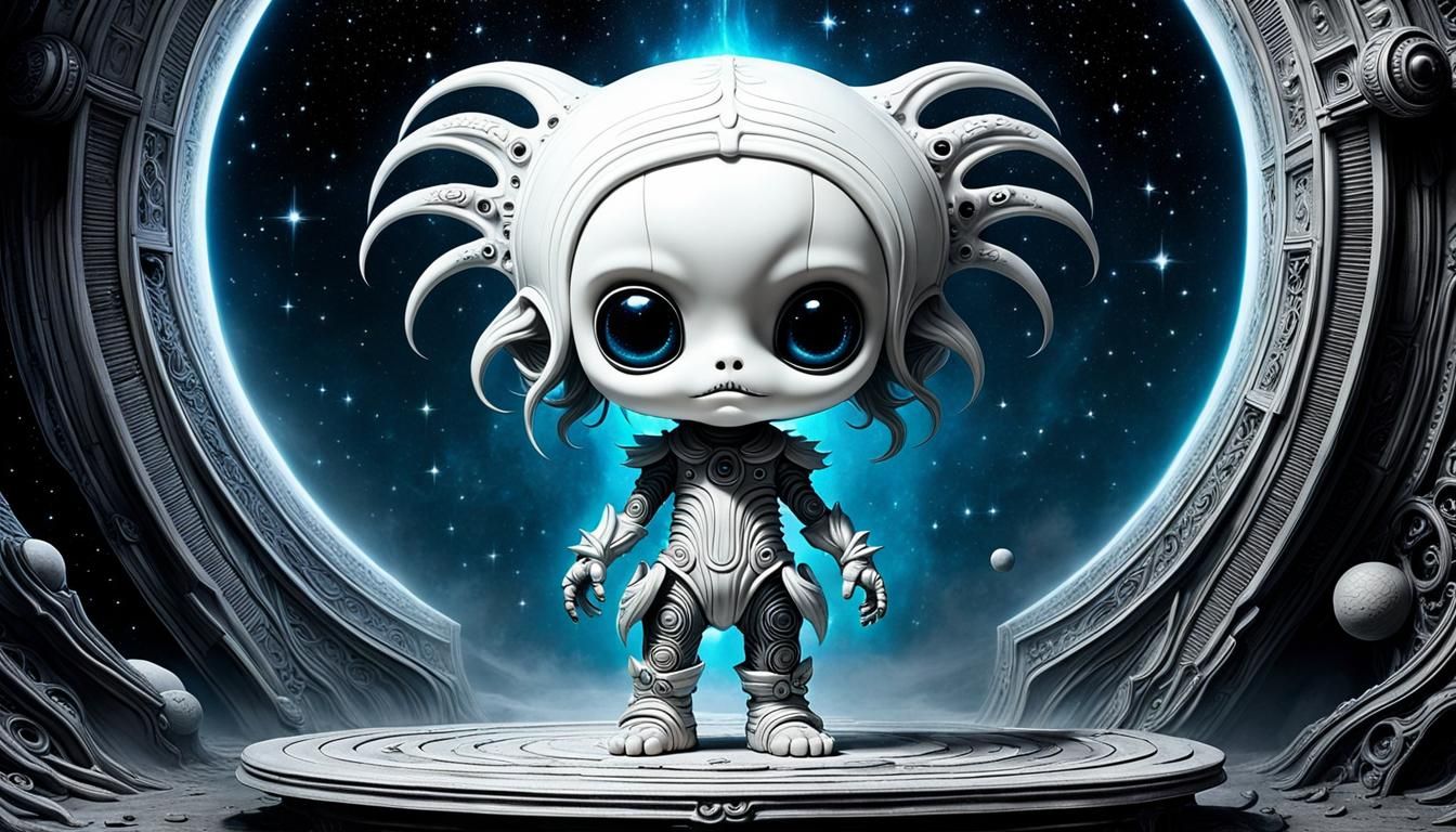 Haunting Biopunk Moppet in Cosmos, Hyperrealistic Sculpture