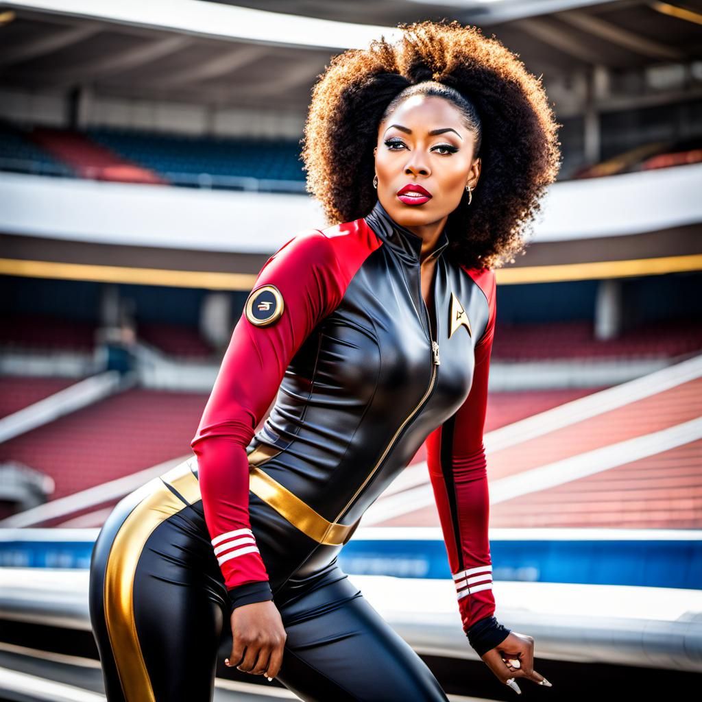 Sporty African Woman in Latex Bodysuit, HDR Photo