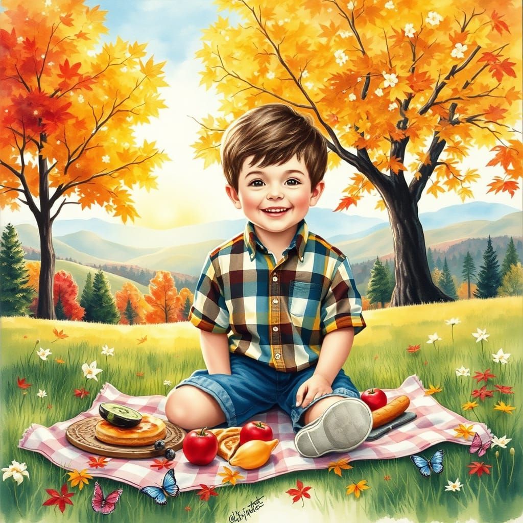 Joyful Autumn Scene in Vibrant Watercolor