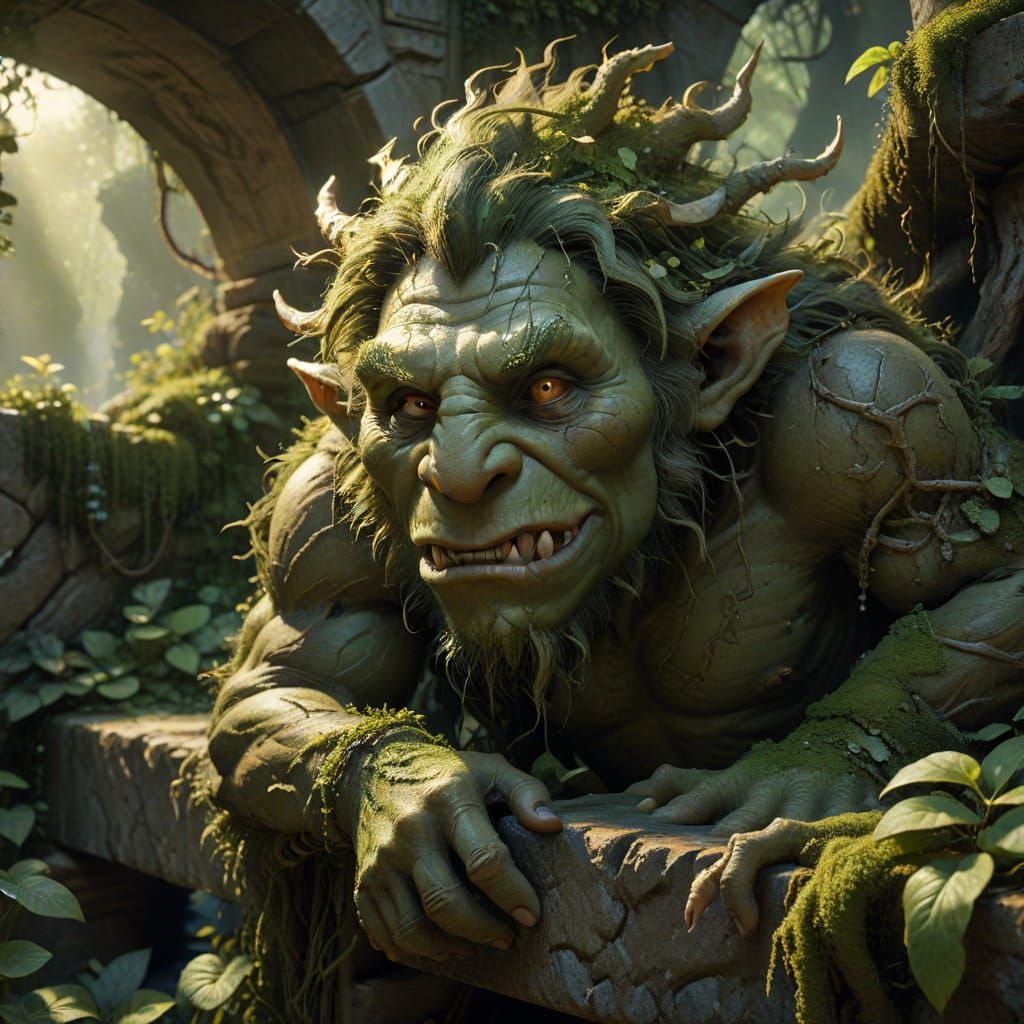Mossy Troll Peeking Under Bridge: Fantasy Art