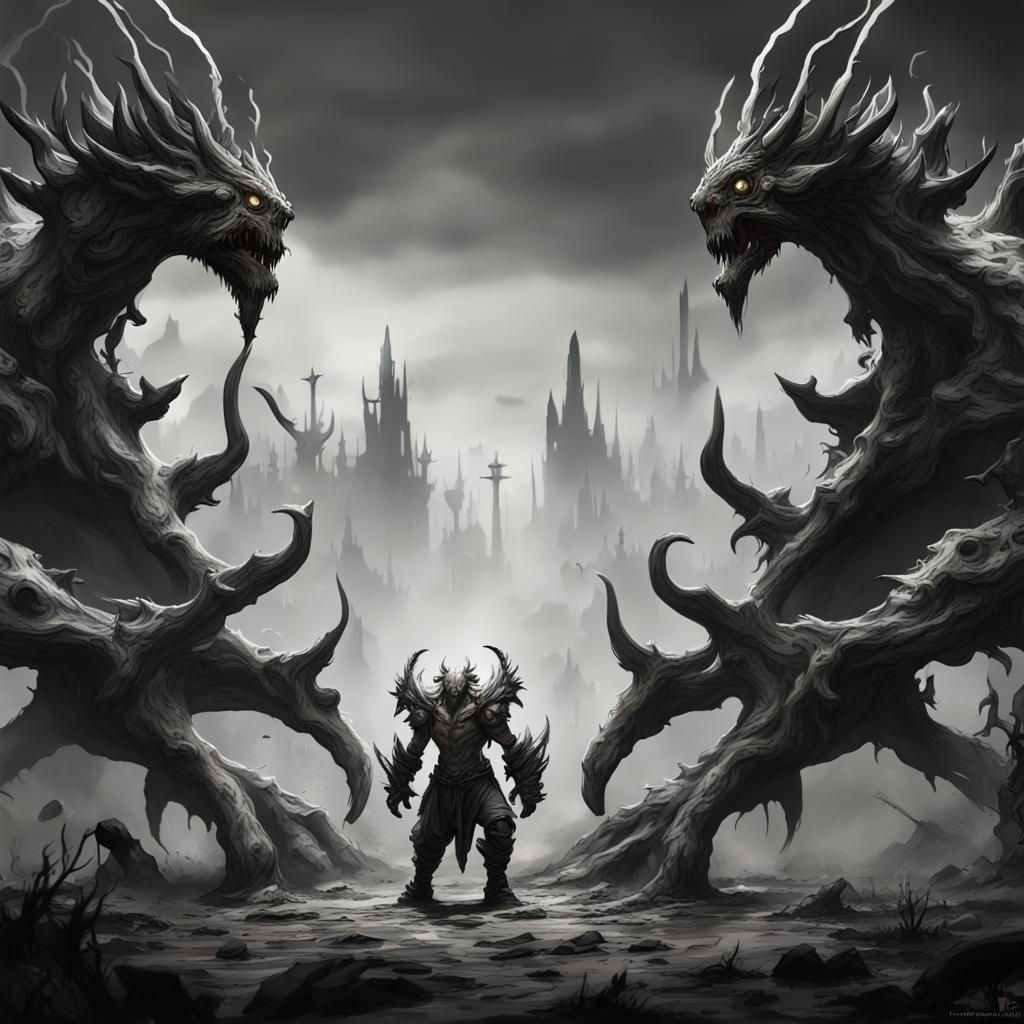 Monochrome Fantasy Battle Scene in Limbo Style