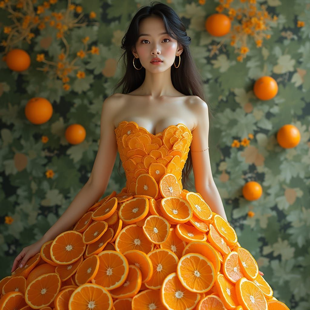 Elegant European Woman in an Impressionist-Style Orange Gown