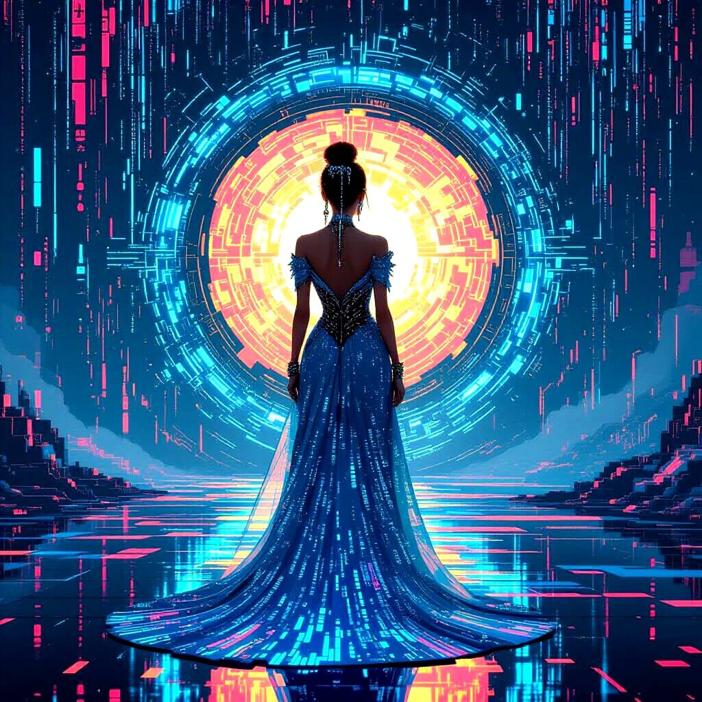 Digital Oracle in Binary Gown Before Portal