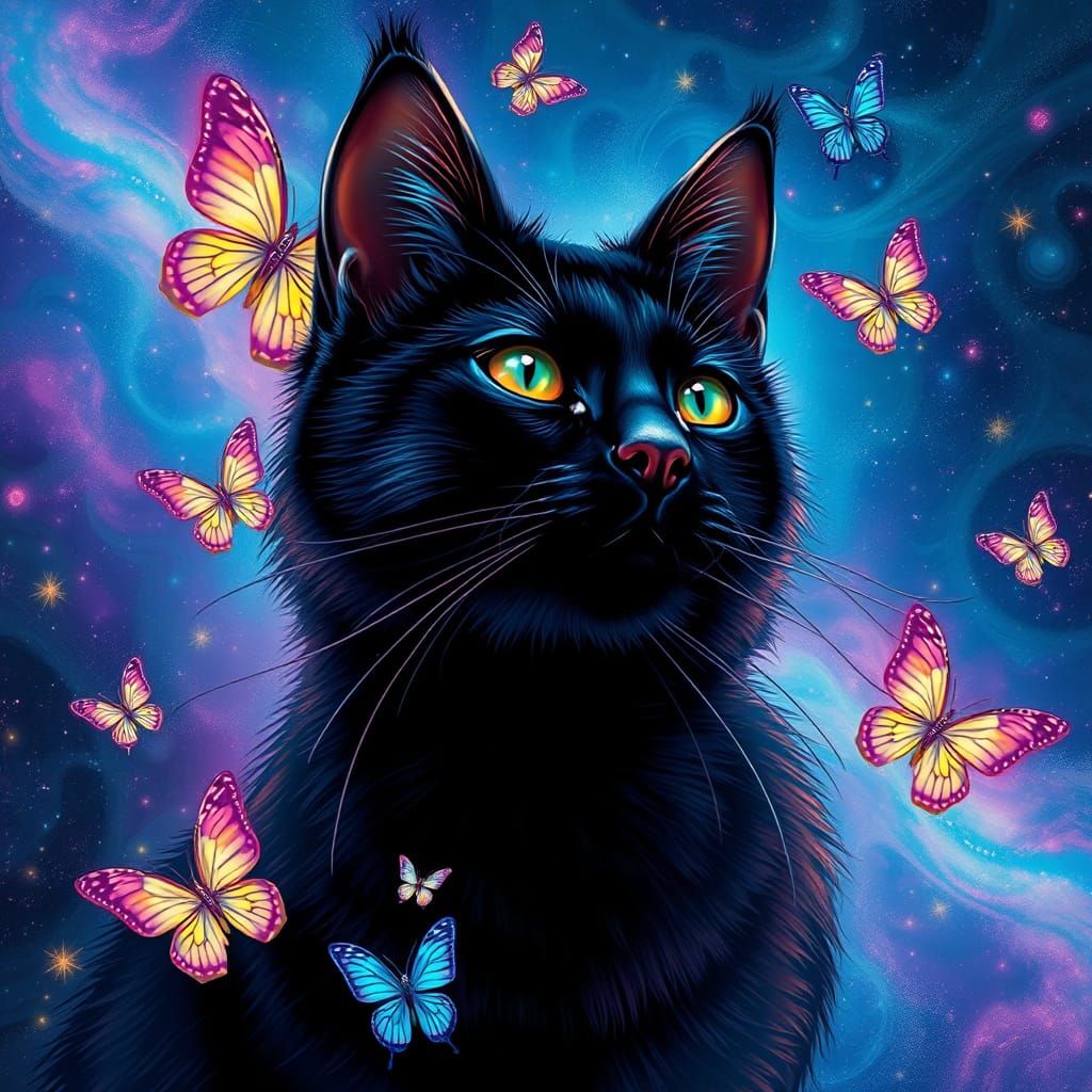 Cosmic Black Cat in Iridescent Splendor