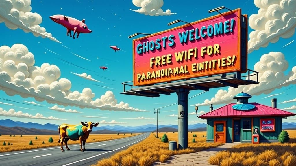 Whimsical Billboard Welcomes Ghosts in Retro Futuristic Styl...