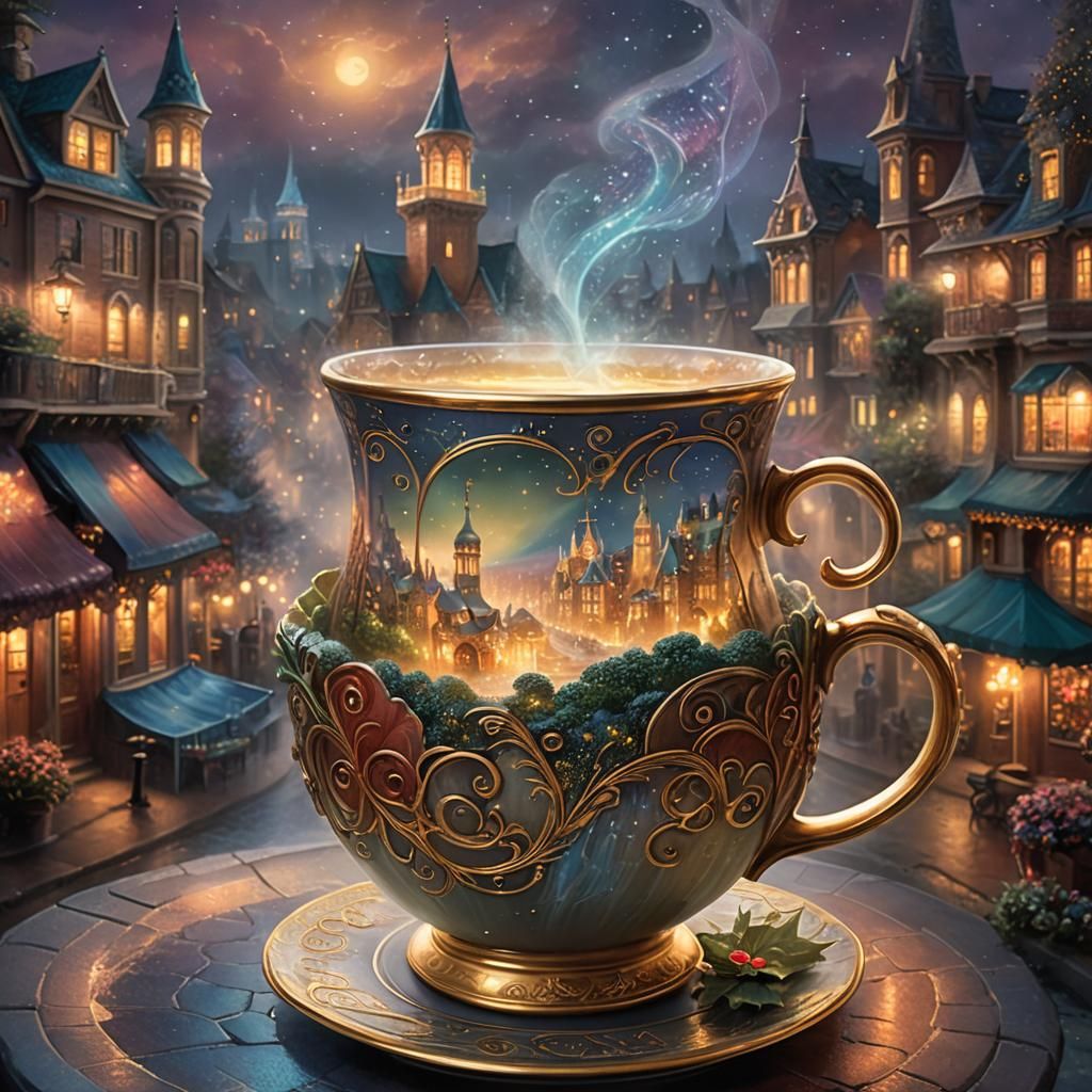 Glowing Cup in Mystical Cityscape, Magical Realism