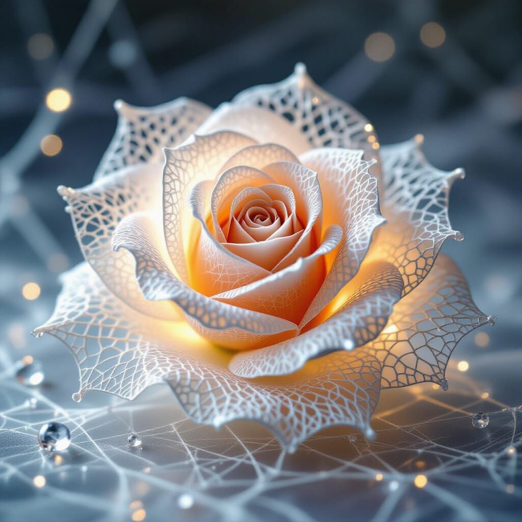 Hyperrealistic Spiderweb Rose Sculpture with Dew Drops