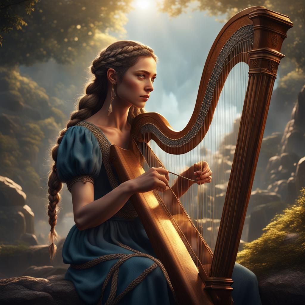 Woman with Harp: Detailed Fantasy Matte Painting
