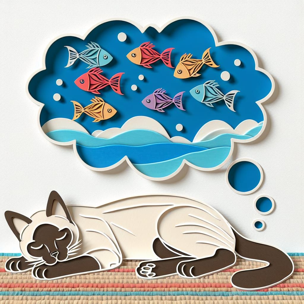 Siamese Cat's Dream of Fish in Papercut Style