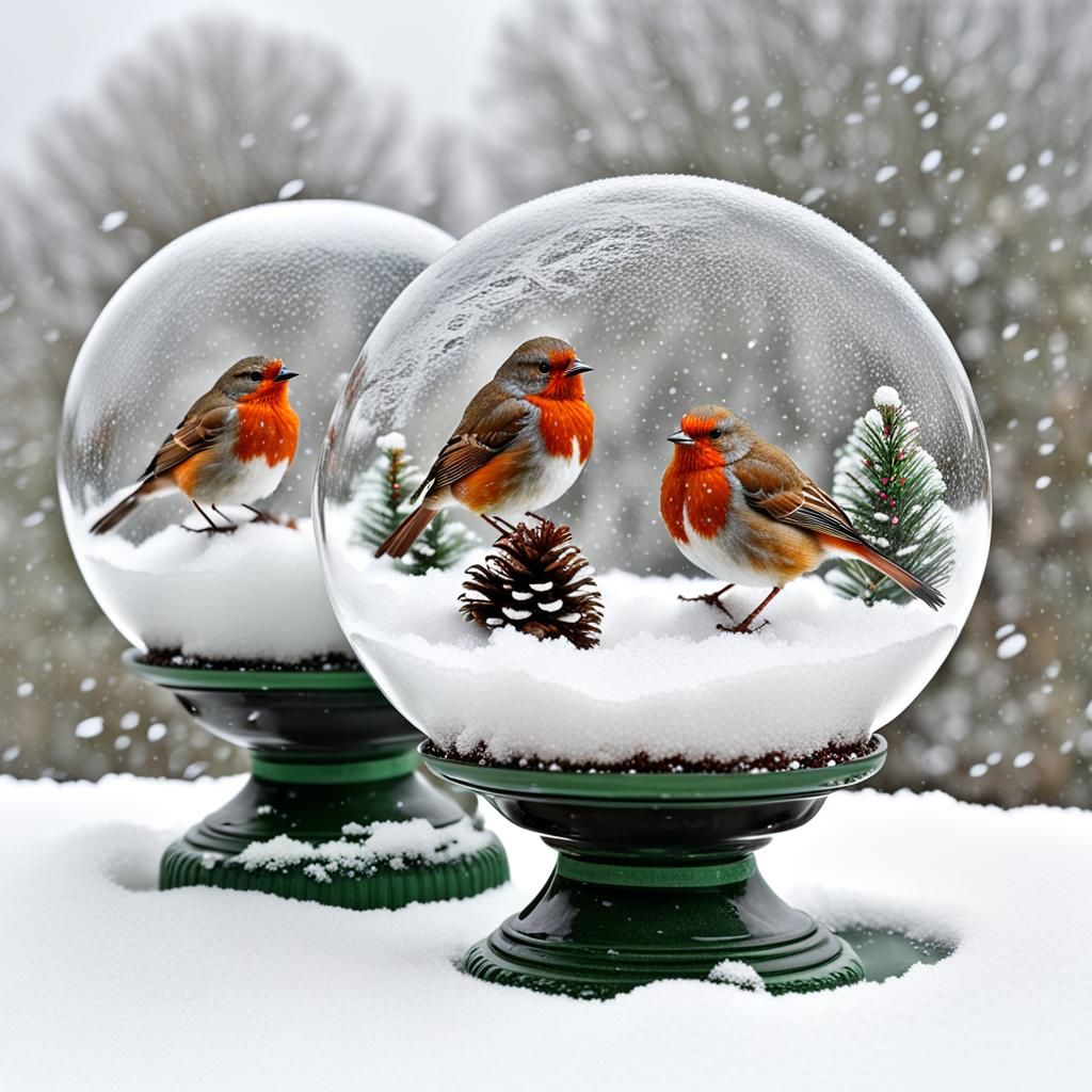 Robyn red breasts in Christmas snow globes.