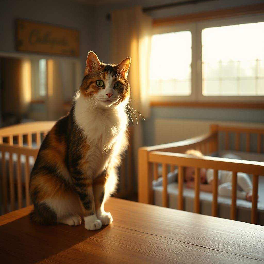 Calico Cat Watching Twin Babies at Dawn