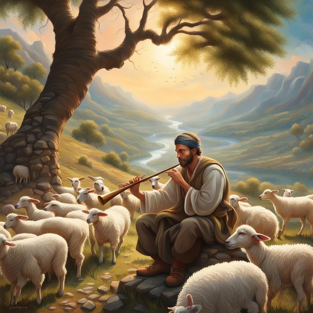 Shepherd in Mountain Landscape with Sheep and Goats