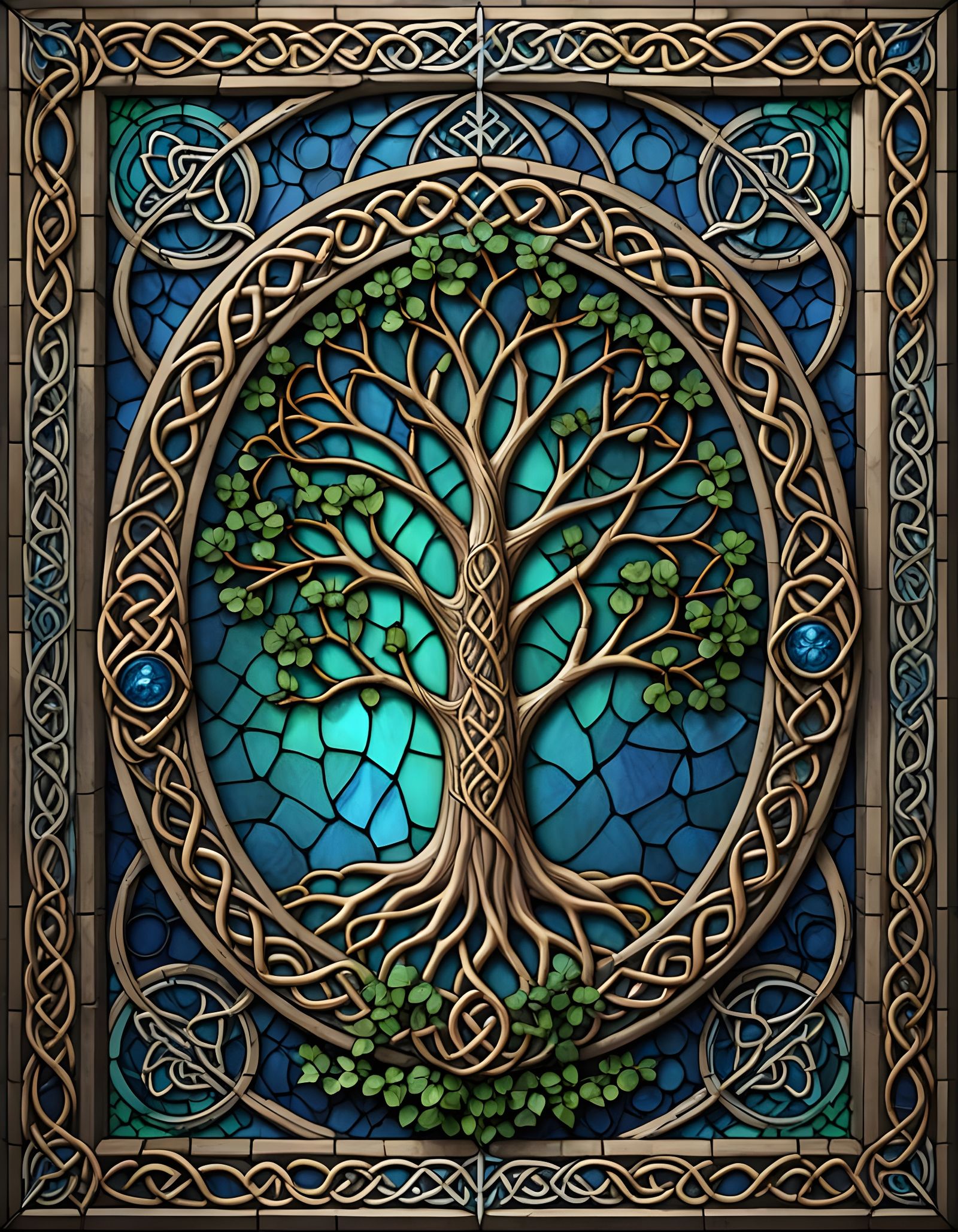 Vibrant Celtic Tree Motif in Stained Glass Window