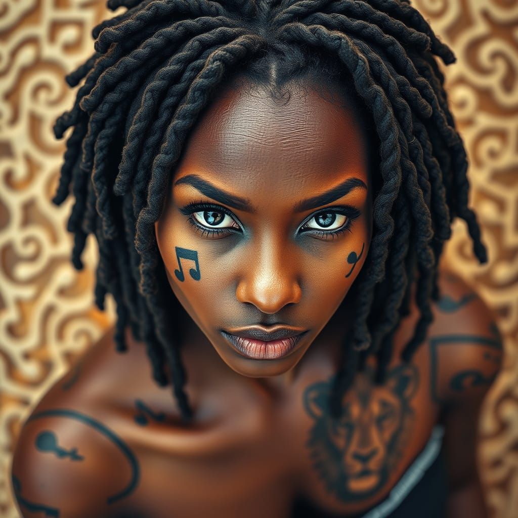 Afrofantasy Woman With Lion Tattoo and Macrame Dreadlocks