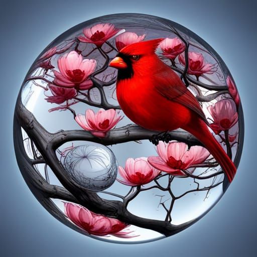 Cardinal in Glass Sphere: Hyperdetailed 3D Render