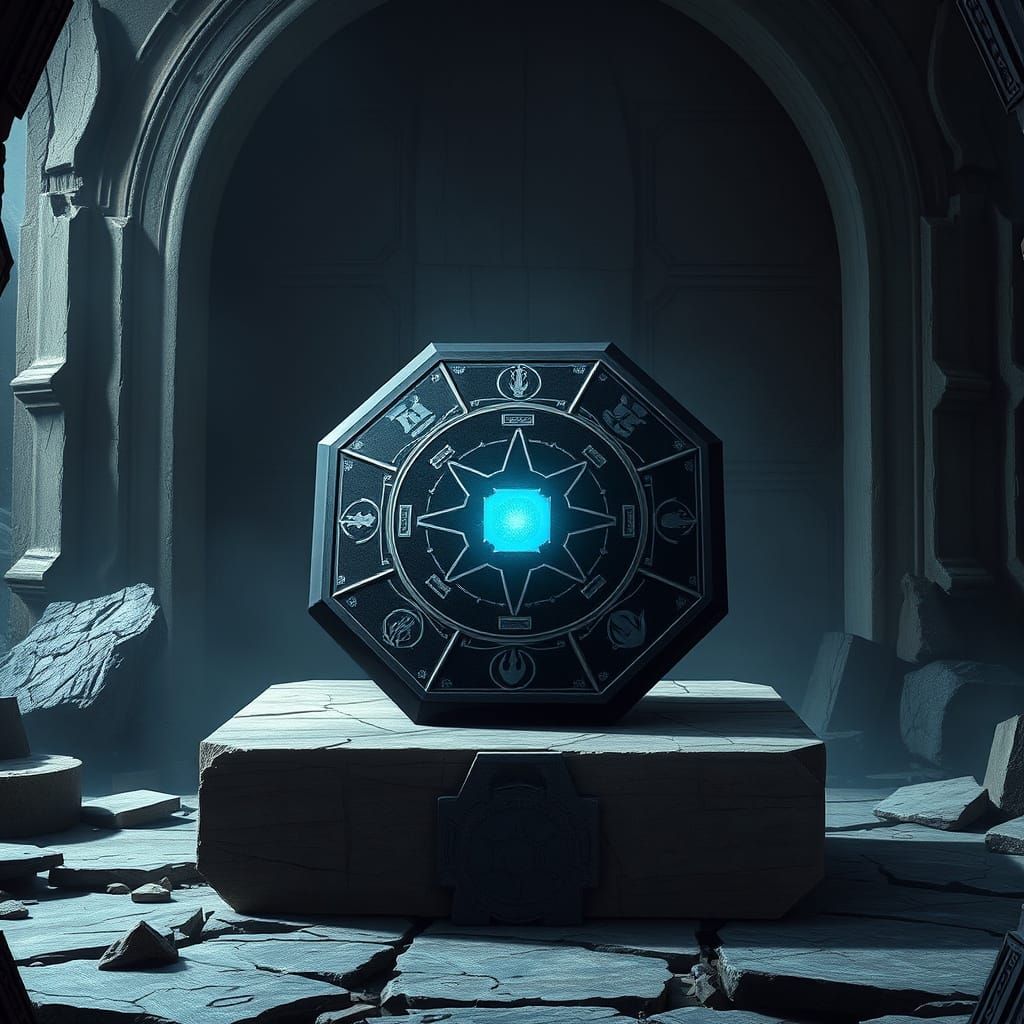 Sleek Holocron on Ruined Sith Altar in Korriban's Ancient Te...