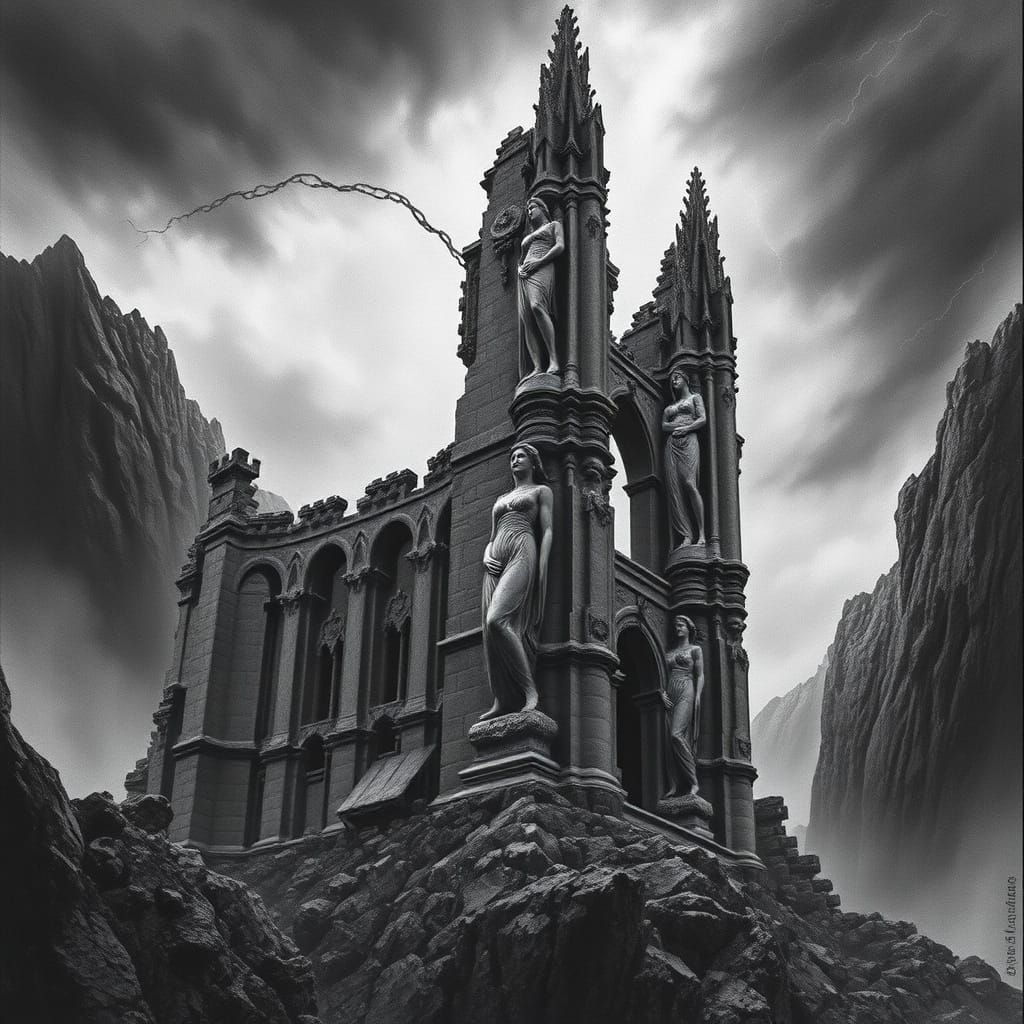 Gothic Ruins in Black and White, Female Statues and a Haunti...
