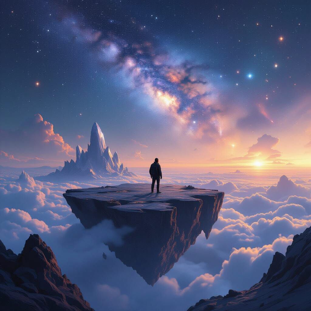 Explorer Gazes at Nebula Sky from Floating Island