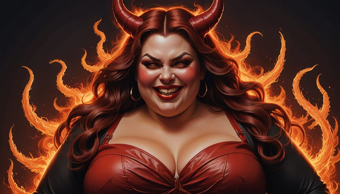Plus-Sized Devil Woman with Fiery Red Eyes