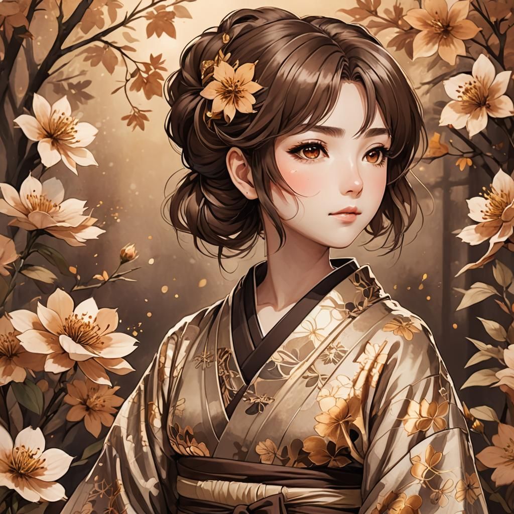 Manga Anime Portrait of Woman in Kimono